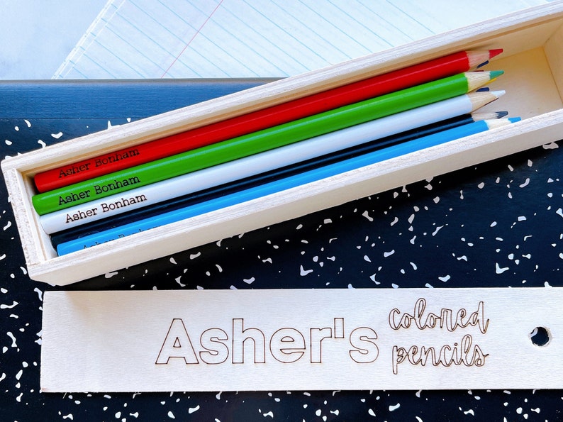 Personalized Wood Colored Pencil Box Storage Case Back to Etsy