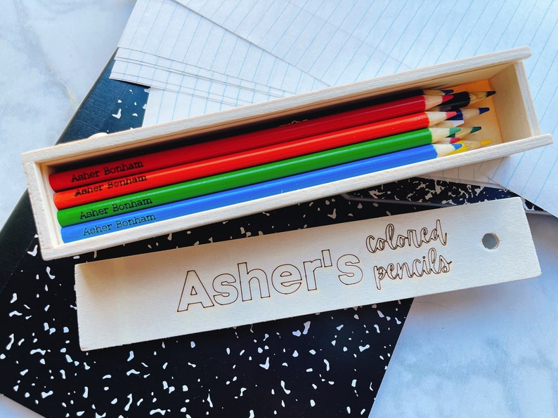 Personalized Wood Colored Pencil Box Storage Case Back to Etsy