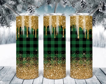 20 Oz skinny tumbler green plaid glitter wrap tapered straight template digital download sublimation graphics instant download sublimation