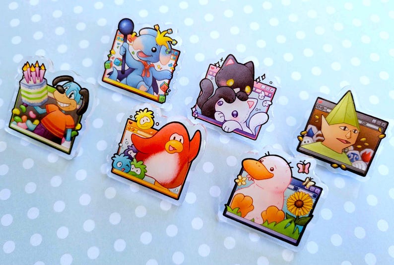 May include: A collection of colorful, cartoon-style acrylic charms featuring various animals and characters. Each charm is set against a digital interface frame, with vibrant details and playful designs. The charms include a dog, elephant, cat, penguin, duck, and a green-hatted character.