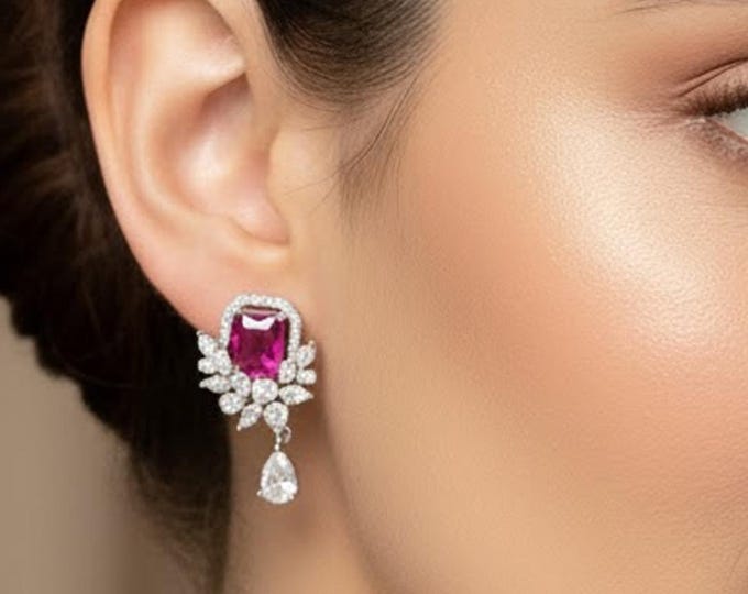 Ruby Pink CZ Drop Earrings: Silver Tone Crystal Dangle Earrings - DUSKGRAND
