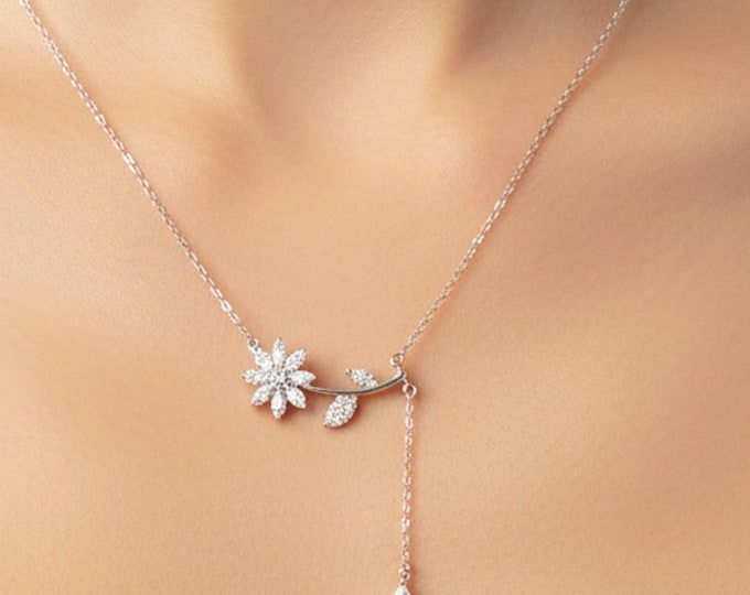 Delicate Silver Daisy Charm Necklace with Teardrop Drop Adjustable - Duskgrand