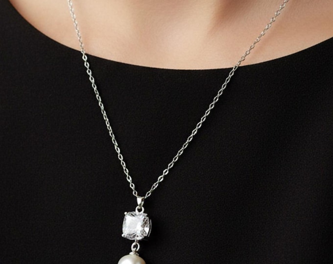 CZ Square Silver Tone Pendant Necklace: Pearl Drop, Elegant Gift - DUSKGRAND