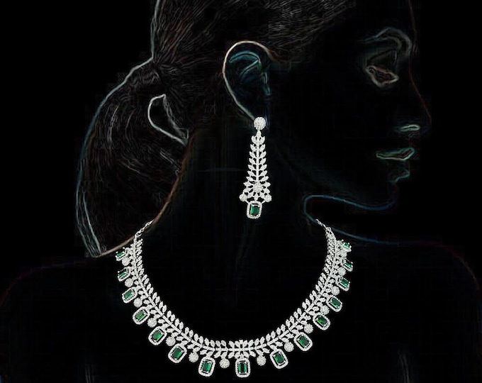 Green CZ Diamond Choker Necklace Earrings Set: Victorian Bridal Jewelry - DUSKGRAND