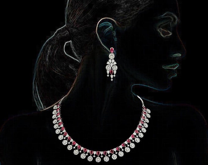 Pink CZ Diamond Choker Necklace Earrings Set: Victorian Bridal Jewelry - DUSKGRAND