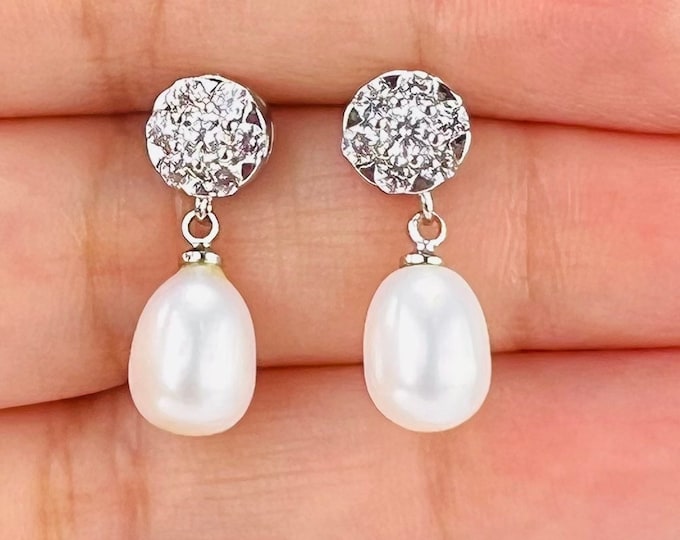 Pearl Drop Earrings  Cultured  Freshwater Pearl with Cubic Zirconia Stud and Silver, bridal jewelry, Earrings - DuskGrand