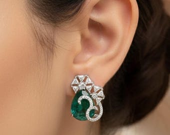 Elegant Emerald Green Teardrop CZ Earrings | Silver Tone Sparkling Stud Earrings | Bridal Jewelry | Gift for Her - DUSKGRAND