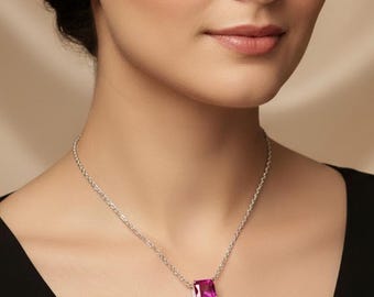 Fuchsia Pink CZ Necklace and Earring Set | Silver Tone Square Pendant Jewelry | Bridal Jewelry Set | Sparkling Pink Crystal - DUSKGRAND