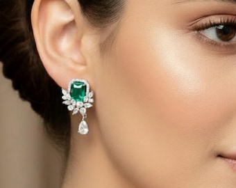 Emerald Green CZ Drop Earrings: Silver Tone Crystal Dangle, Bridal Style - DUSKGRAND