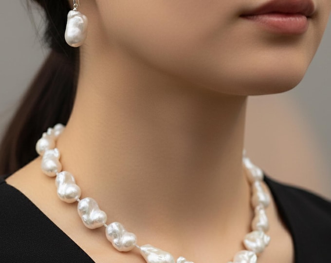 Knotted Baroque Pearl Necklace with Hoop Earrings - DUSKGRAND