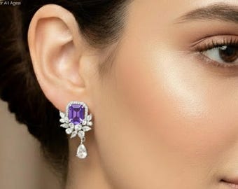 Amethyst Purple CZ Drop Earrings: Silver Tone Crystal Dangle Earrings - DUSKGRAND
