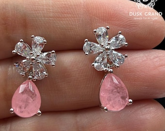 Elegant Pink Teardrop Dangle Earrings | Sparkling Flower CZ Crystal Studs | Silver Tone Statement Earrings | Gift for Her - DUSKGRAND