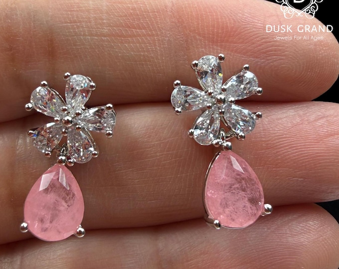 Elegant Pink Teardrop Dangle Earrings | Sparkling Flower CZ Crystal Studs | Silver Tone Statement Earrings | Gift for Her - DUSKGRAND