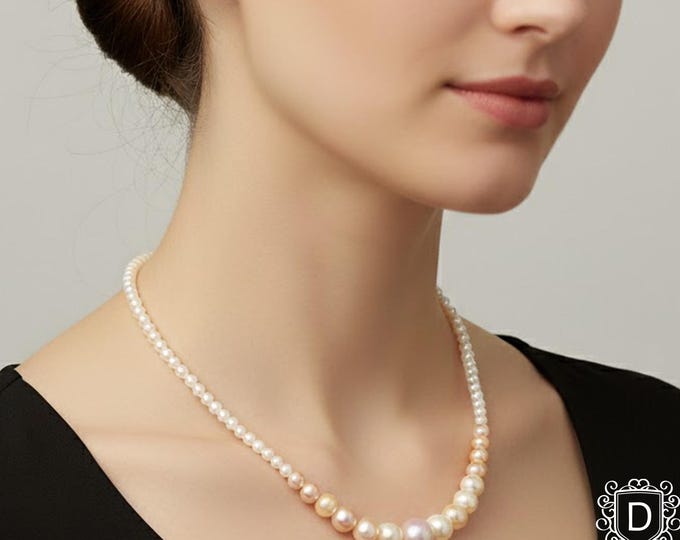 Single Strand Graduated Pearl Necklace with Multicolored Pearls and Stud Earrings - DUSKGRAND