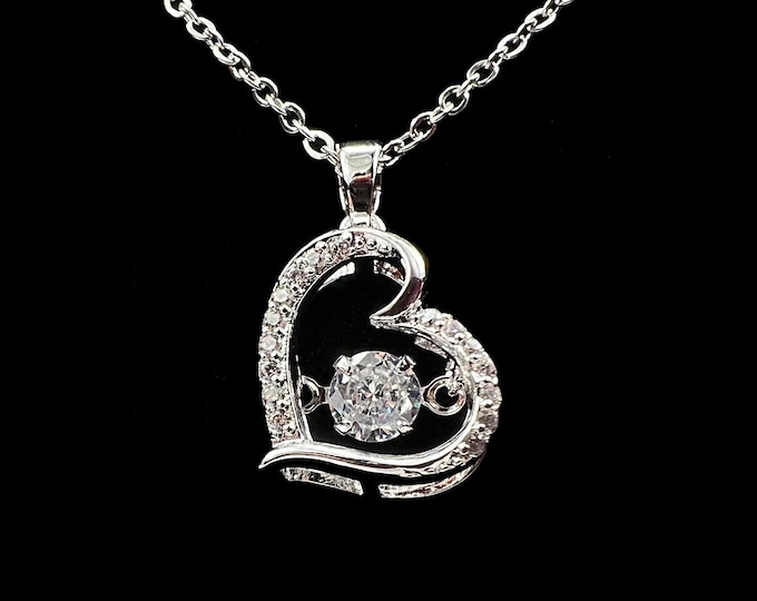 Silver Heart Pendant Necklace: Rattling Cubic Zirconia, Adjustable - DUSKGRAND