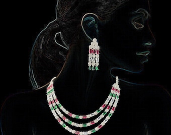 Cubic Zirconia Necklace and Earrings Set: Multicolor Indian Jewelry - DUSKGRAND