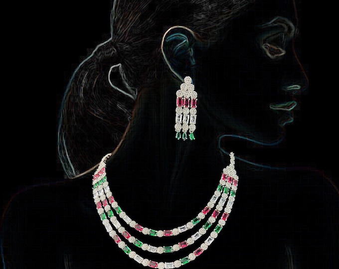 Cubic Zirconia Necklace and Earrings Set: Multicolor Indian Jewelry - DUSKGRAND