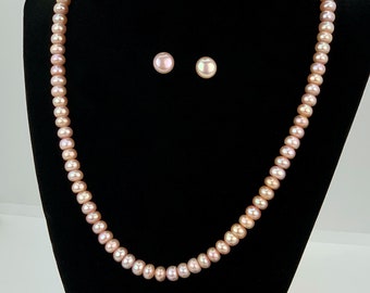 Pink Freshwater Pearl Necklace and Earring Set: Silver Clasp - DUSKGRAND