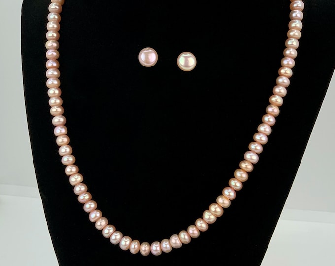 Pink Freshwater Cultured  Pearl Necklace With  Earrings  And Silver Clasp  - High Quality  Pearls (18 inch) - DuskGrand