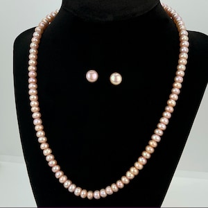 Pink Freshwater Cultured  Pearl Necklace With  Earrings  And Silver Clasp  - High Quality  Pearls (18 inch) - DuskGrand