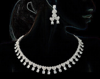 Cubic Zirconia Heart Choker Necklace Earrings Set: Silver Indian Jewelry - DUSKGRAND