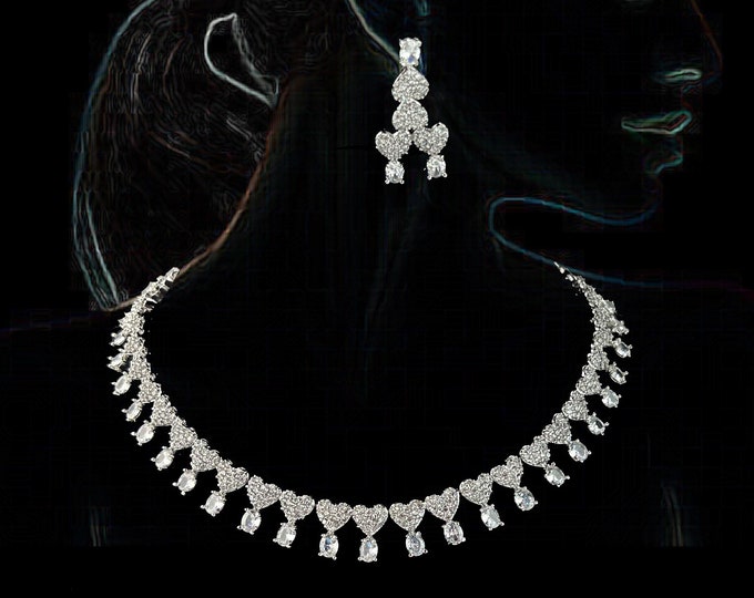 Cubic Zirconia Heart Choker Necklace Earrings Set: Silver Indian Jewelry - DUSKGRAND