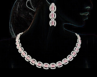 Baby Pink Cubic Zirconia Necklace Earrings Set: Victorian Silver Choker - DUSKGRAND