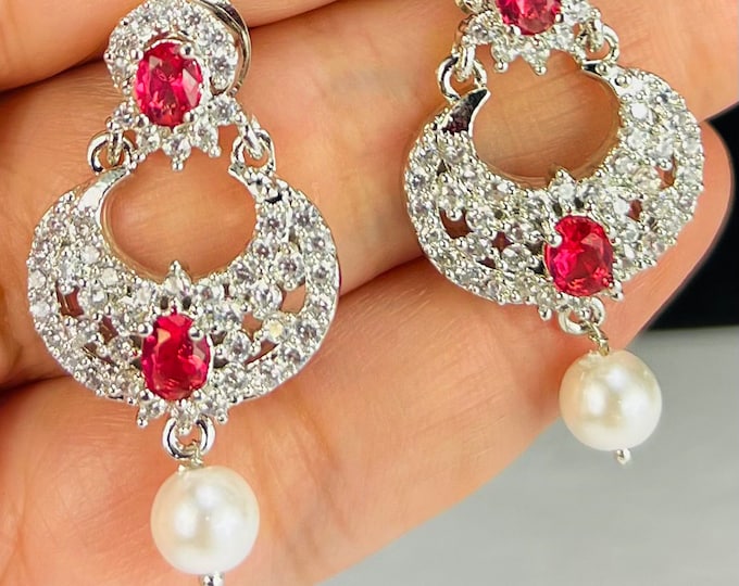 Silver Pearl Drop Jhumka Earrings: Pink CZ Indian Chand Bali - DUSKGRAND