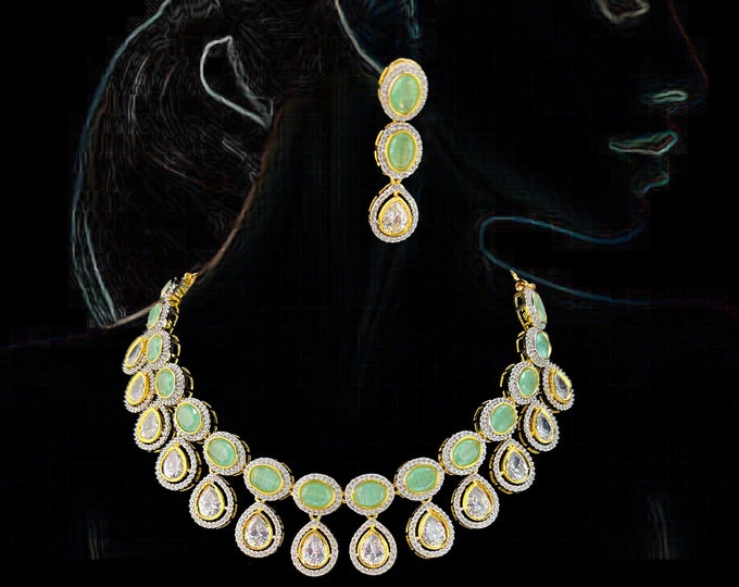 Exquisite Kundan Mint Green Stone Necklace & Earrings Set - Gold Tone Jewelry | DuskGrand