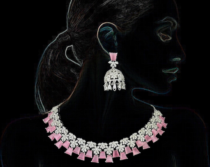 Pink Stone CZ Diamond Jewelry Set: Silver Victorian Necklace Earrings - DUSKGRAND