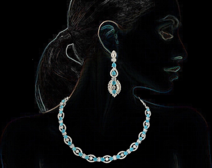 Blue Cubic Zirconia Necklace Earrings Set: Silver Victorian Jewelry - DUSKGRAND