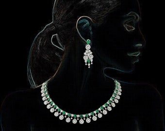 Green Stone Necklace Earrings Set: Silver Choker, Victorian CZ Jewelry - DUSKGRAND