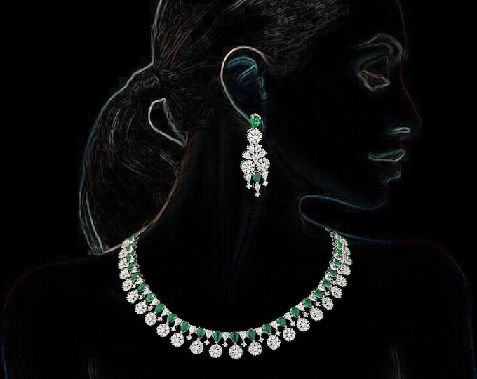 Green Stone Necklace Earrings Set: Silver Choker, Victorian CZ Jewelry - DUSKGRAND