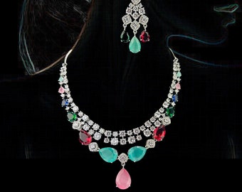 Cubic Zirconia Necklace Earrings Set: Multicolor Indian Jewelry - DUSKGRAND