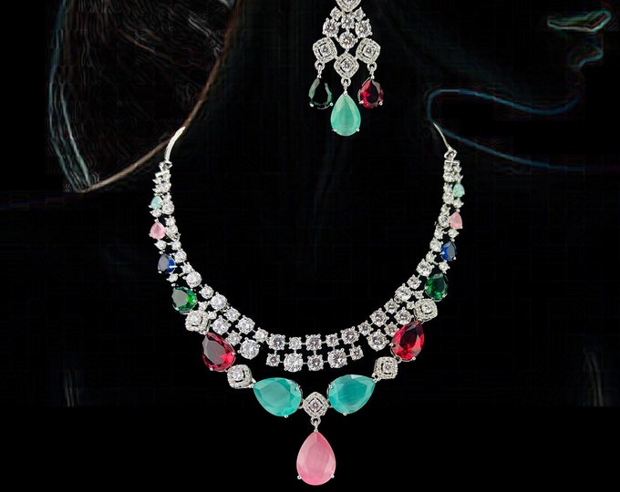 Cubic Zirconia Necklace Earrings Set: Multicolor Indian Jewelry - DUSKGRAND