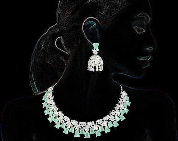 Mint Green CZ Diamond Necklace Earrings Set: Silver Choker, Indian Jewelry - DUSKGRAND