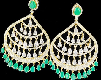 Emerald Green CZ Chandelier Earrings: Gold Plated Indian Jewelry - DUSKGRAND