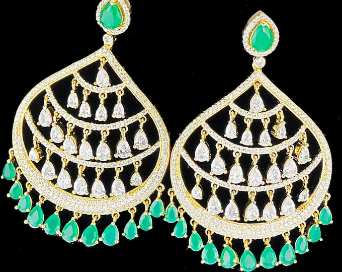 Emerald Green CZ Gold plated earrings,Indian Jewelry,Designer Earrings, Pakistani earrings , Indian earrings, chandelier earrings, green