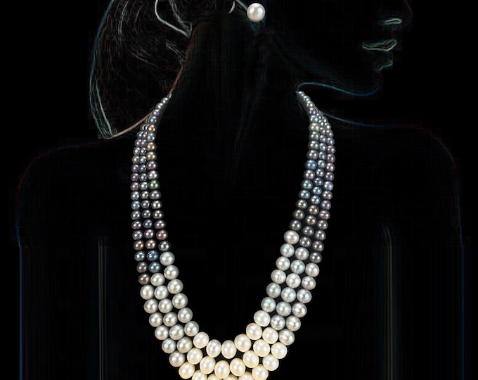 Freshwater Pearl Necklace, 3 Strand Graduated Pearls, Bridesmaid Jewelry - DUSKGRAND