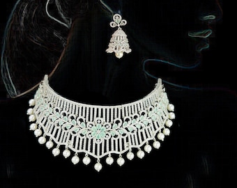 Mint Green CZ Diamond Necklace Earrings Set: Victorian Silver Bridal Jewelry - DUSKGRAND