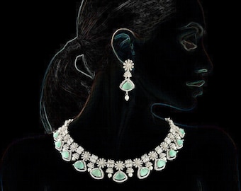 Green CZ Diamond Necklace Earrings Set: Silver Indian Choker, Shell Pearl - DUSKGRAND