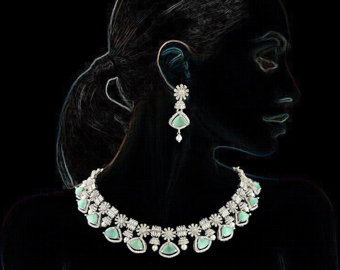 CZ Diamonds Necklace Earrings , Green Necklace Earrings, Silver Choker Necklace , Shell Pearl , Semi Precious Stone Indian jewelry