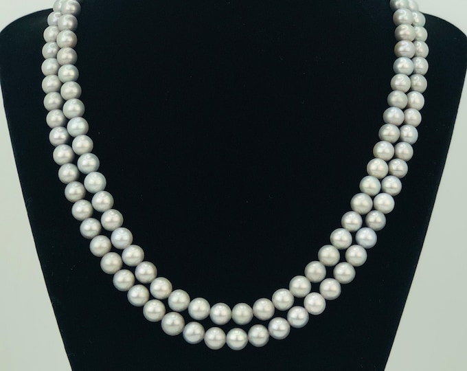 Genuine Grey Cultured Freshwater Pearl Necklace 2 Strands, 8mm + Earrings 20” and 21” inch High  Quality - DuskGrand