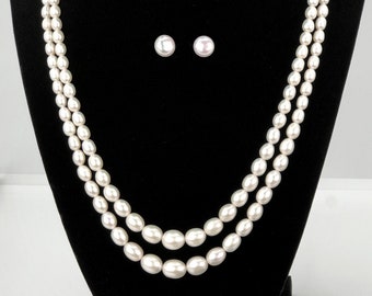 Soft White Cultured  Freshwater Pearl Necklace, 2 Strands Graduated Pearls 20-21 inch + Earrings,  Bridesmaids Gift, Gift box - DuskGrand