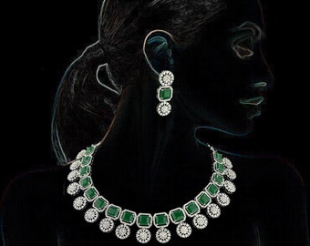 Green Cubic Zirconia Necklace Earrings Set: Silver Victorian Jewelry - DUSKGRAND