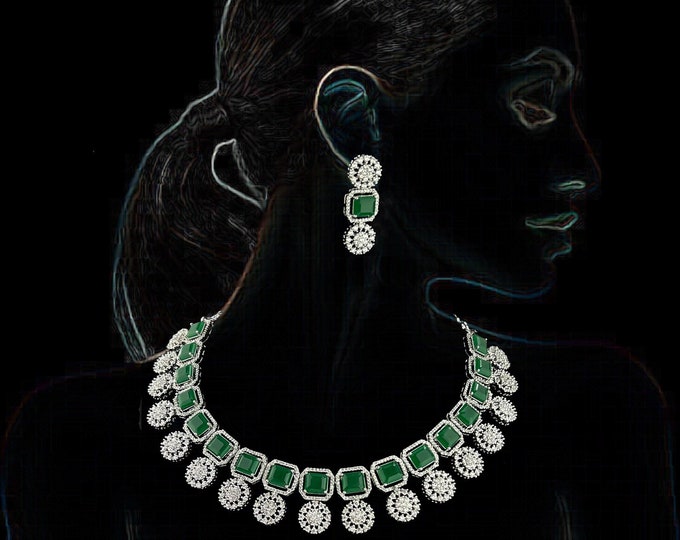 Cubic Zirconia Diamonds Necklace Earrings Set, Green Necklace Earrings, Silver Choker Necklace Earrings, Engagement Set, Indian jewelry