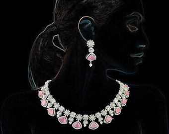 Pink Stone Choker Necklace Earrings Set: CZ Diamond Indian Jewelry - DUSKGRAND
