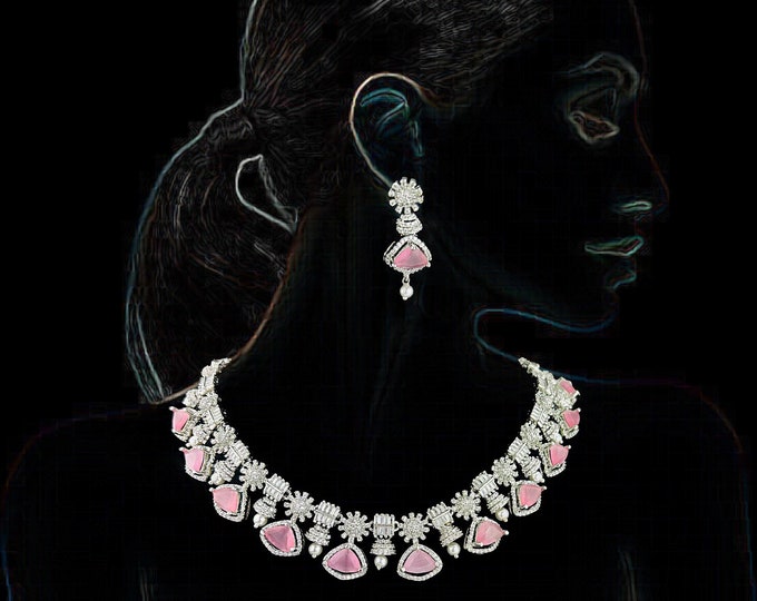 CZ Diamonds Necklace Earrings , Pink Necklace Earrings, Silver Choker Necklace , Shell Pearl , Semi Precious Stone Indian jewelry