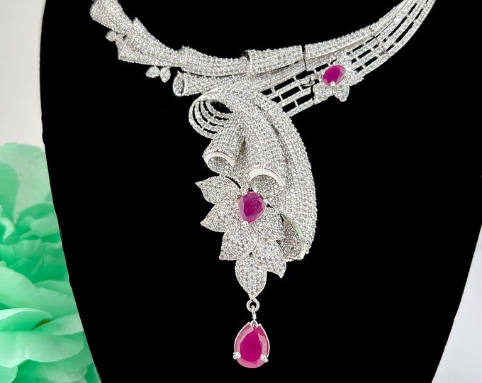 Cubic Zirconia Diamonds Necklace Earrings Set, Pink Necklace Earrings, Silver Necklace Earrings+ Bracelet , Engagement Set, Indian jewelry