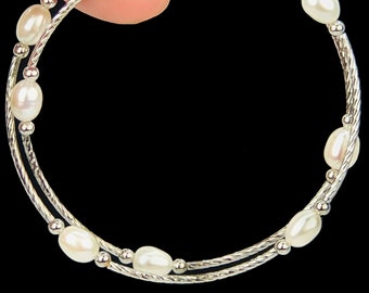 Spiral Freshwater Soft White Pearl Bracelet, Bangle Style Silver - DuskGrand